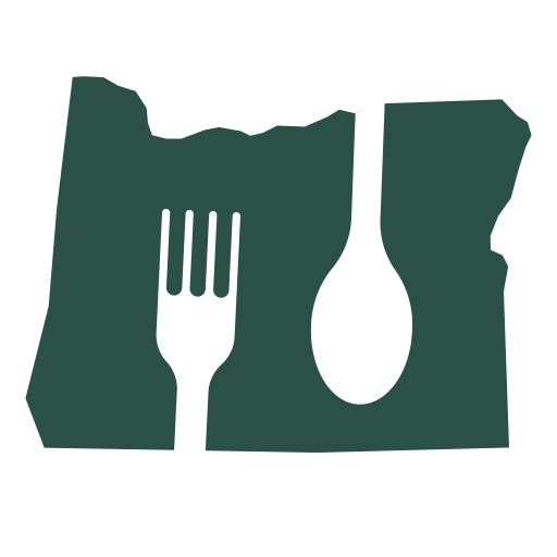 Map of Oregon state with the silhouette of a fork and spoon